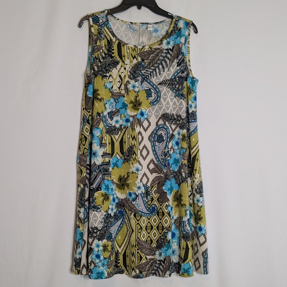 JULES & LEOPOLD Teal Green Floral Sleeveless Jersey Midi Tank Dress; Size M